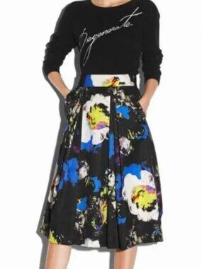MILLY womens SKIRT black A-LINE abstract FLORAL midi NEON pockets PLEATS SIZE 4
